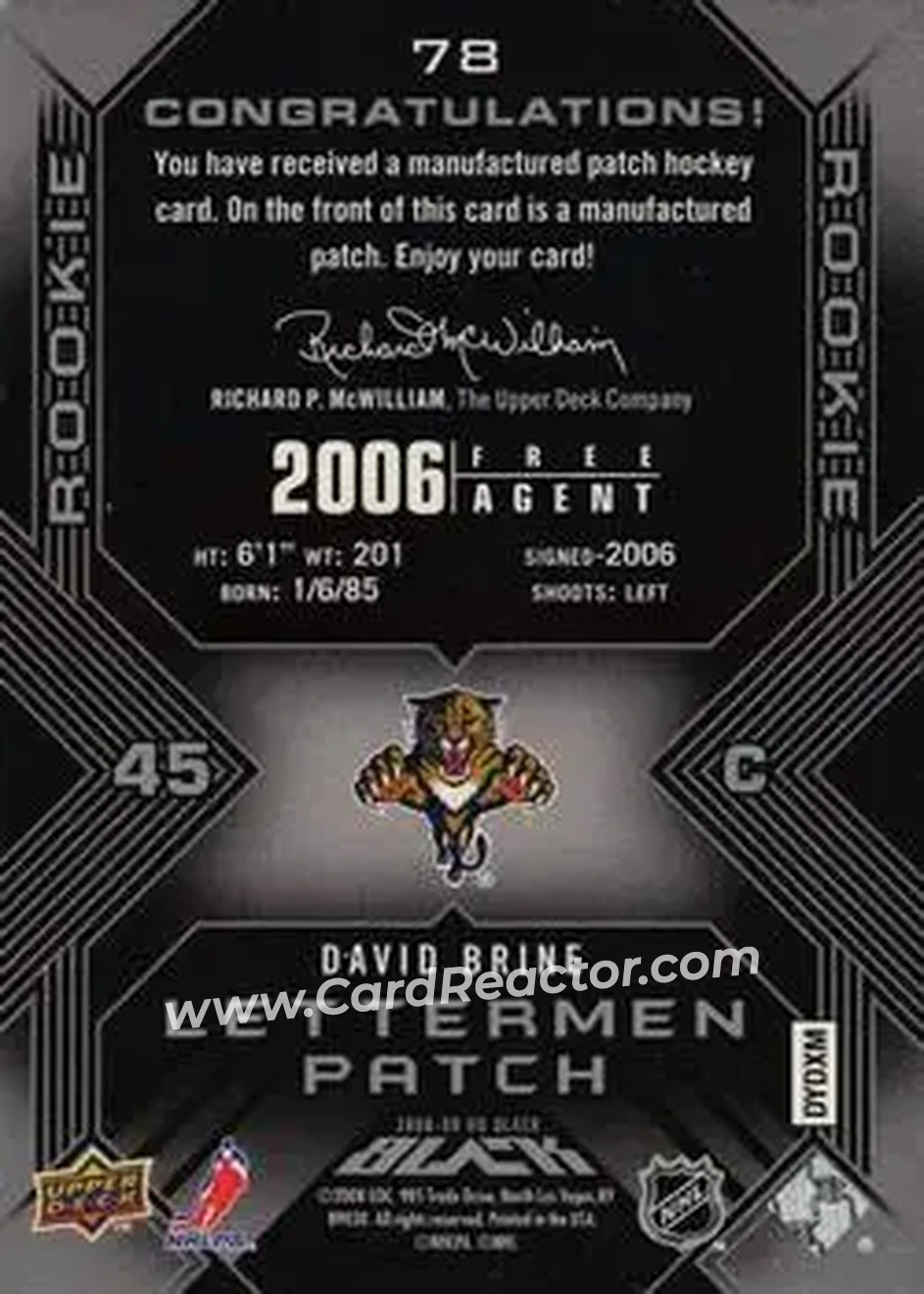 2008-09 UD Black #78 - David Brine - Florida Panthers - Back
