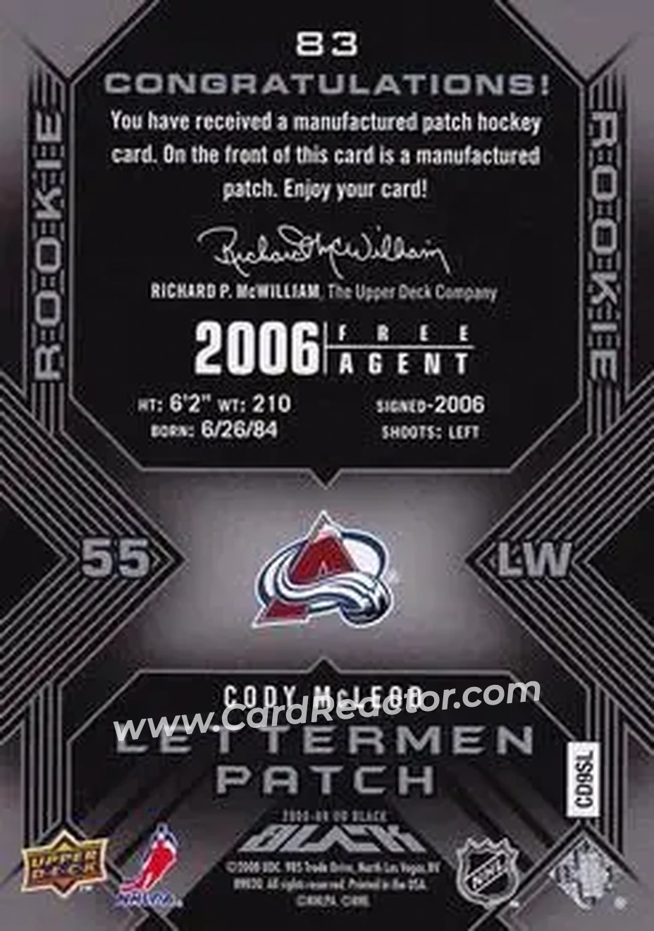 2008-09 UD Black #83 - Cody McLeod - Colorado Avalanche - Back 2008-09 UD Black #83 - Cody McLeod - Colorado Avalanche - Back