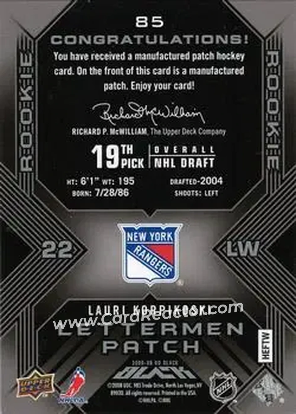 2008-09 UD Black #85 - Lauri Korpikoski - New York Rangers - Back