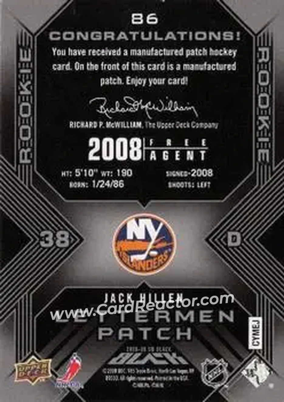 2008-09 UD Black #86 - Jack Hillen - New York Islanders - Back