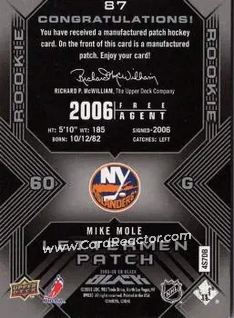 2008-09 UD Black #87 - Mike Mole - New York Islanders - Back