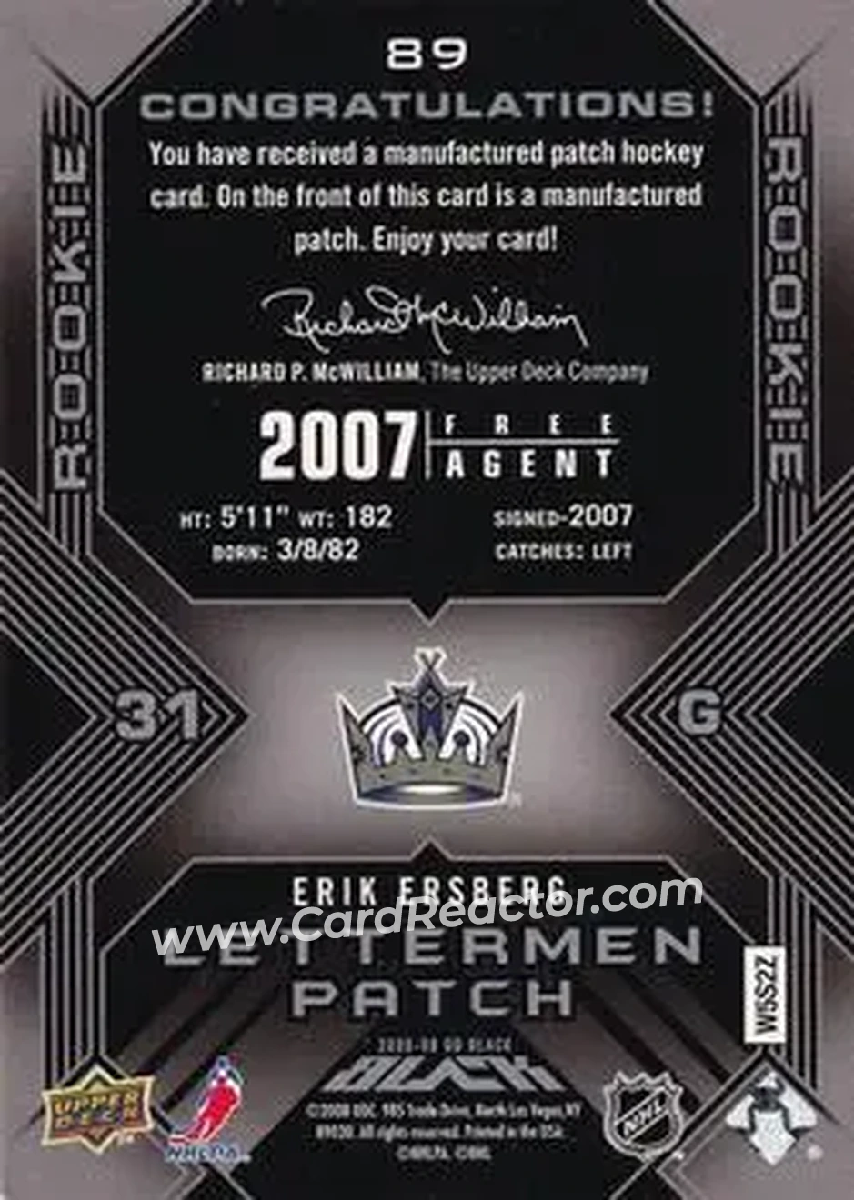 2008-09 UD Black #89 - Erik Ersberg - Los Angeles Kings - Back