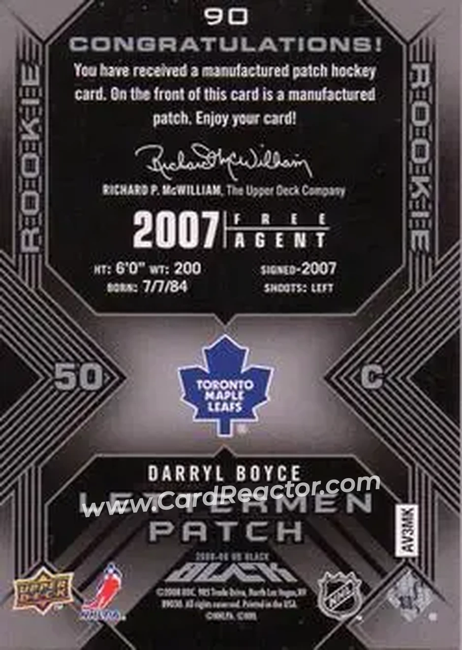 2008-09 UD Black #90 - Darryl Boyce - Toronto Maple Leafs - Back