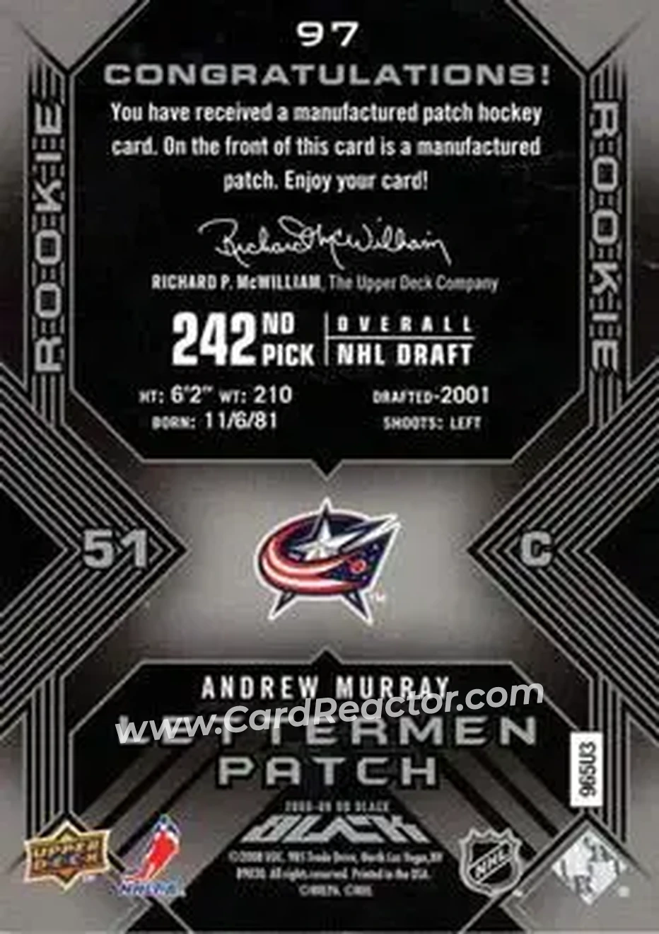 2008-09 UD Black #97 - Andrew Murray - Columbus Blue Jackets - Back