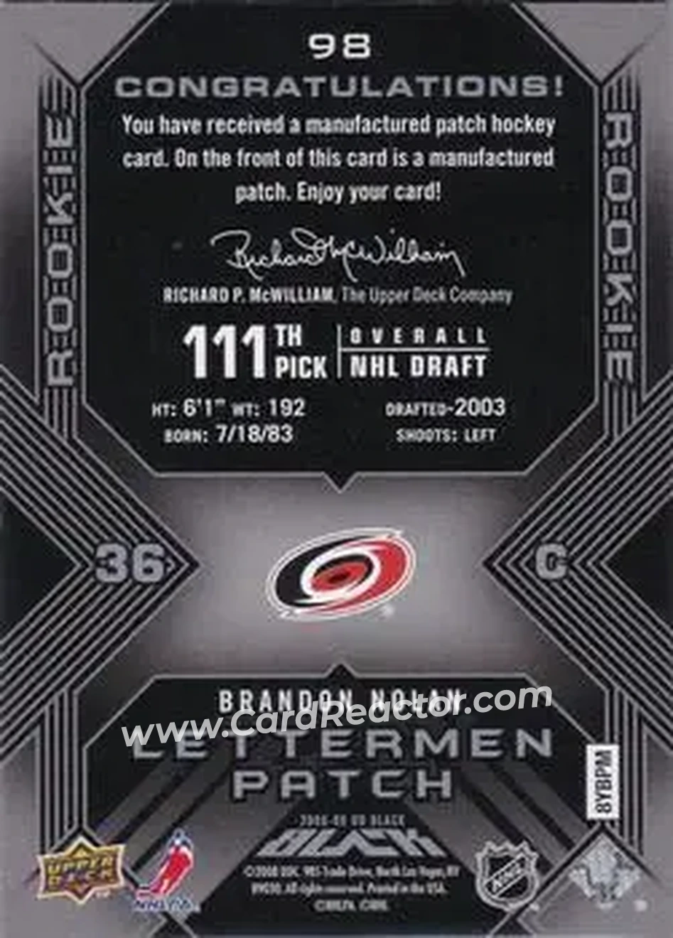 2008-09 UD Black #98 - Brandon Nolan - Carolina Hurricanes - Back