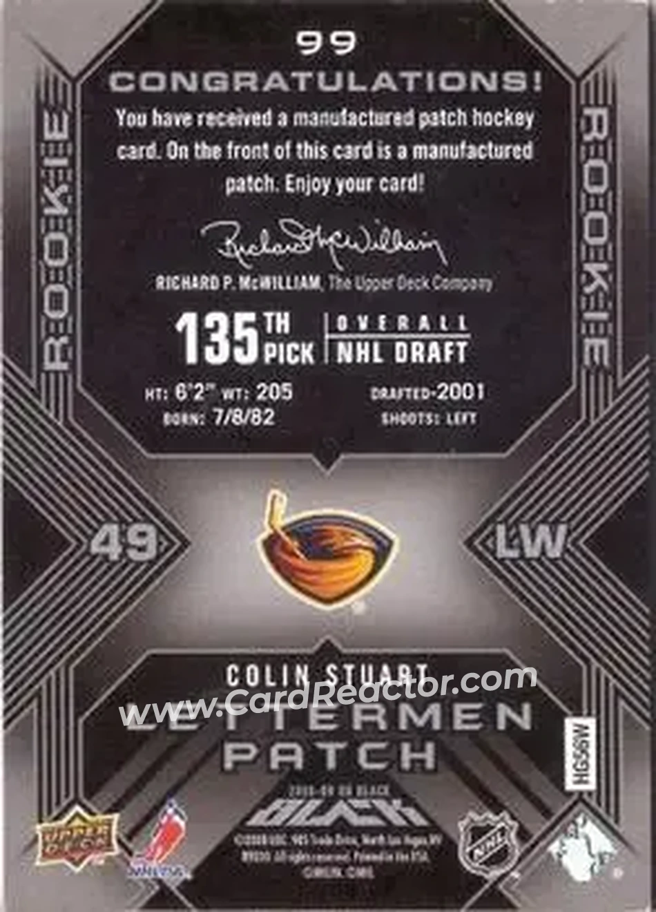 2008-09 UD Black #99 - Colin Stuart - Atlanta Thrashers - Back