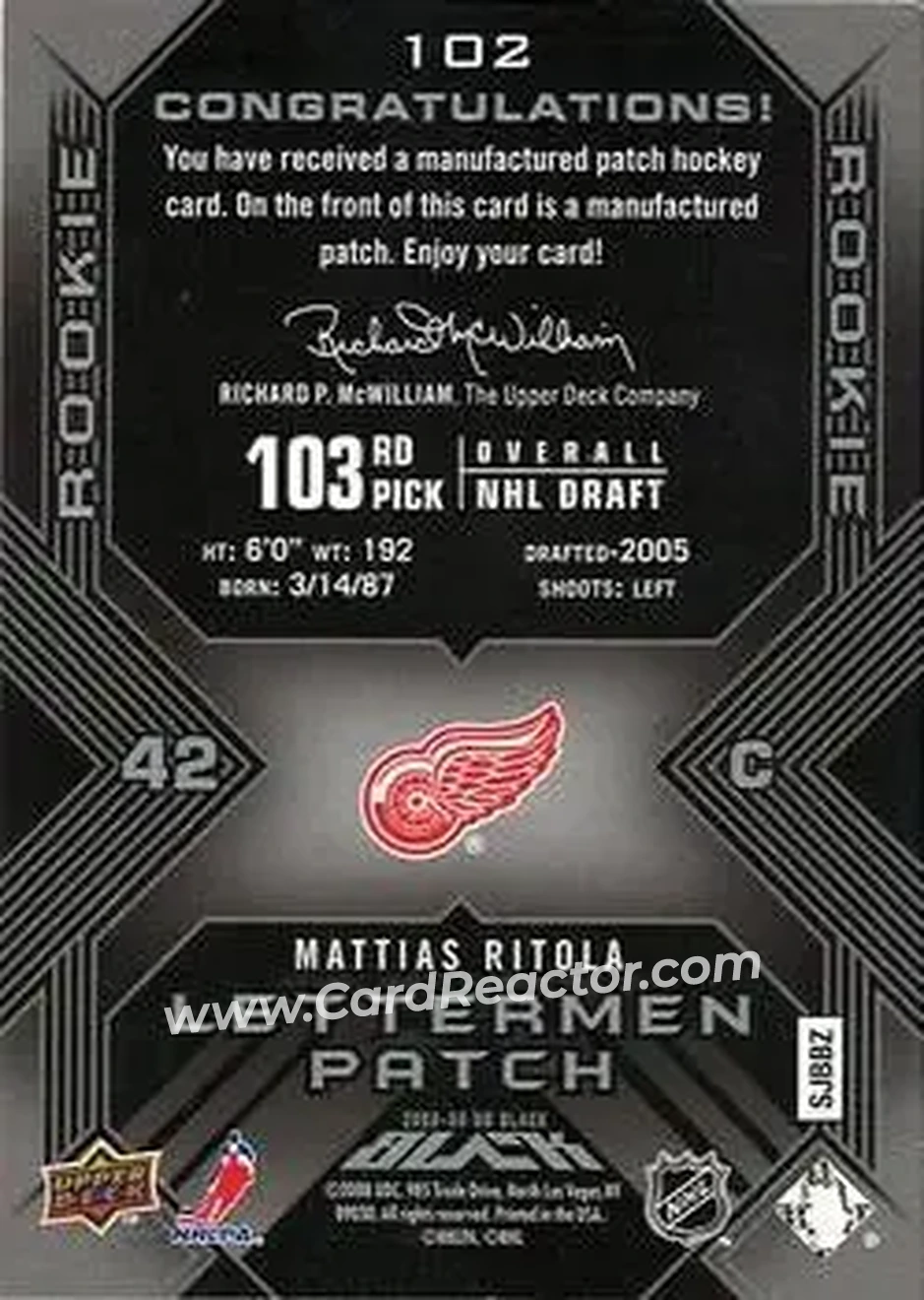 2008-09 UD Black #102 - Mattias Ritola - Detroit Red Wings - Back
