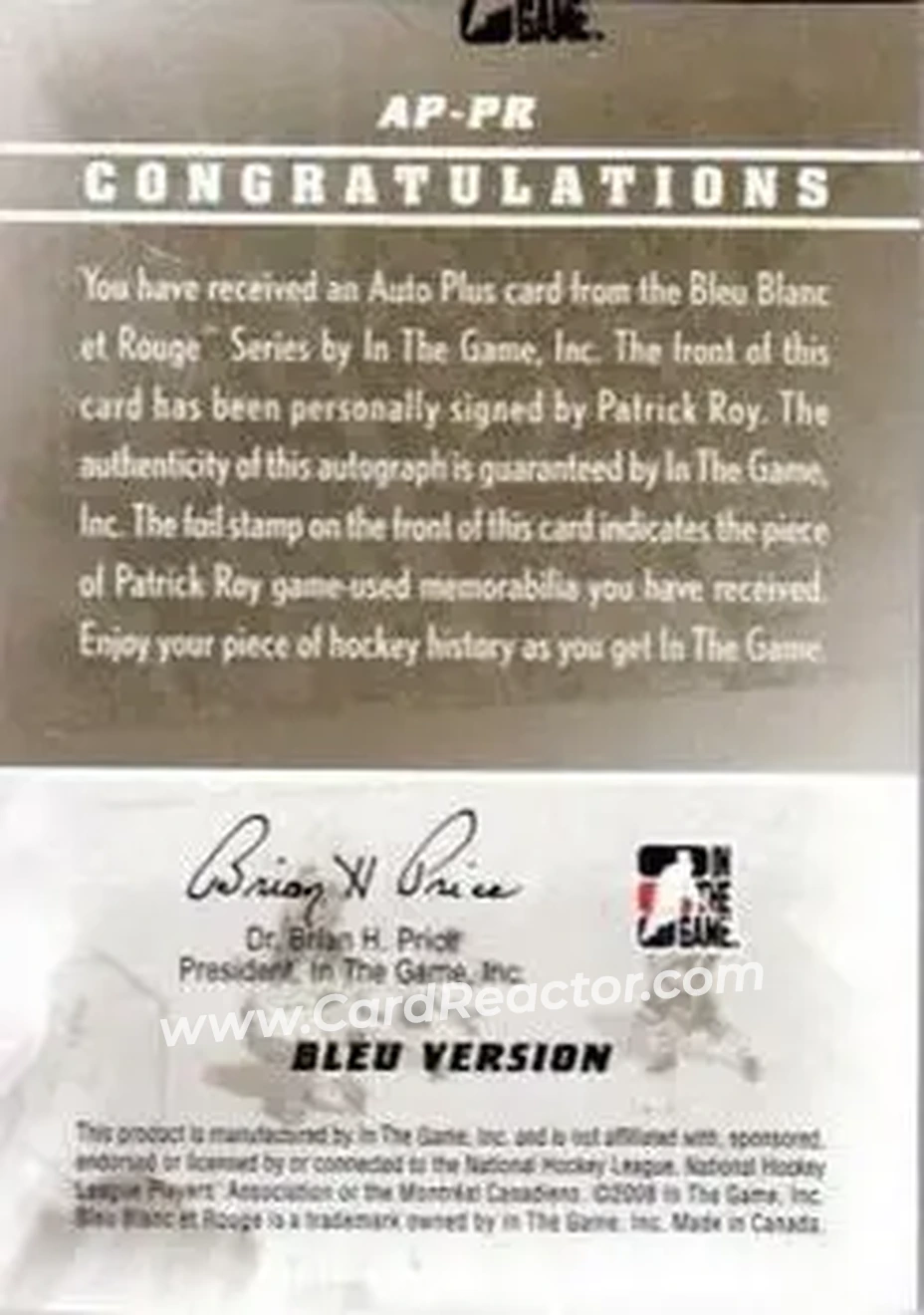 2008-09 In The Game Bleu Blanc et Rouge - Autographs Plus Emblem #AP-PR - Patrick Roy - Montreal Canadiens - Back