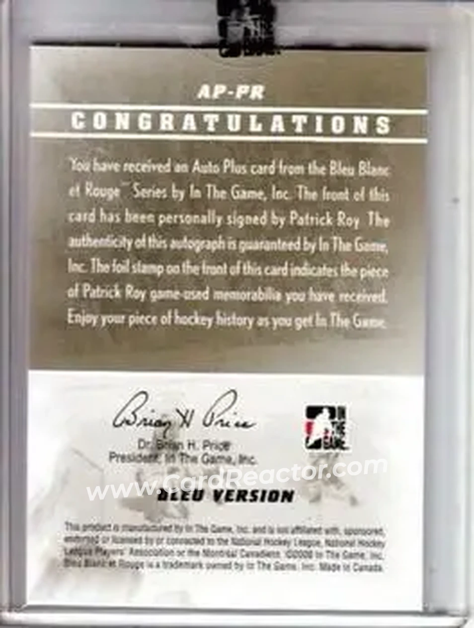 2008-09 In The Game Bleu Blanc et Rouge - Autographs Plus Glove #AP-PR - Patrick Roy - Montreal Canadiens - Back