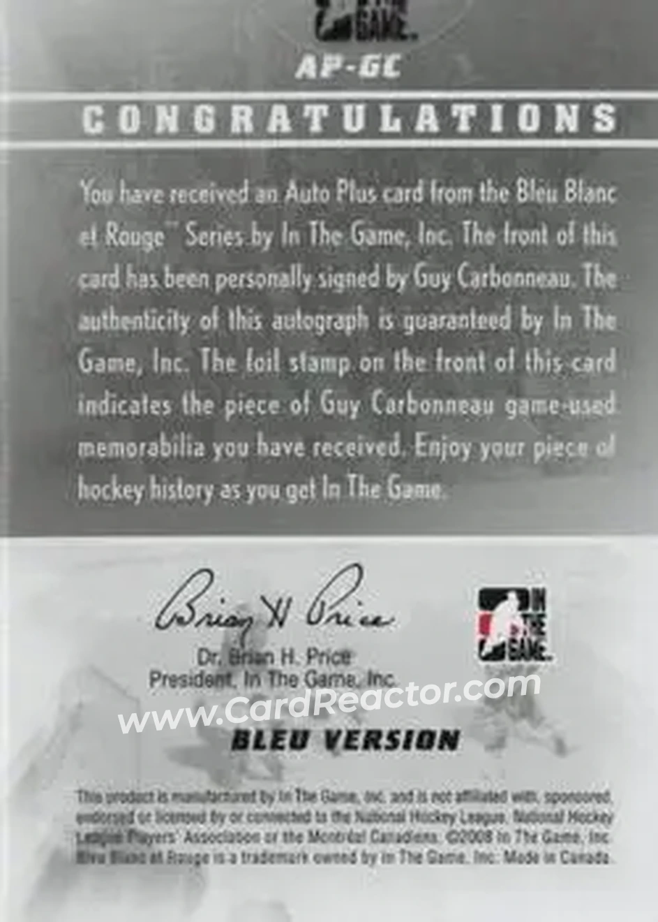 2008-09 In The Game Bleu Blanc et Rouge - Autographs Plus Jersey #AP-GC - Guy Carbonneau - Montreal Canadiens - Back