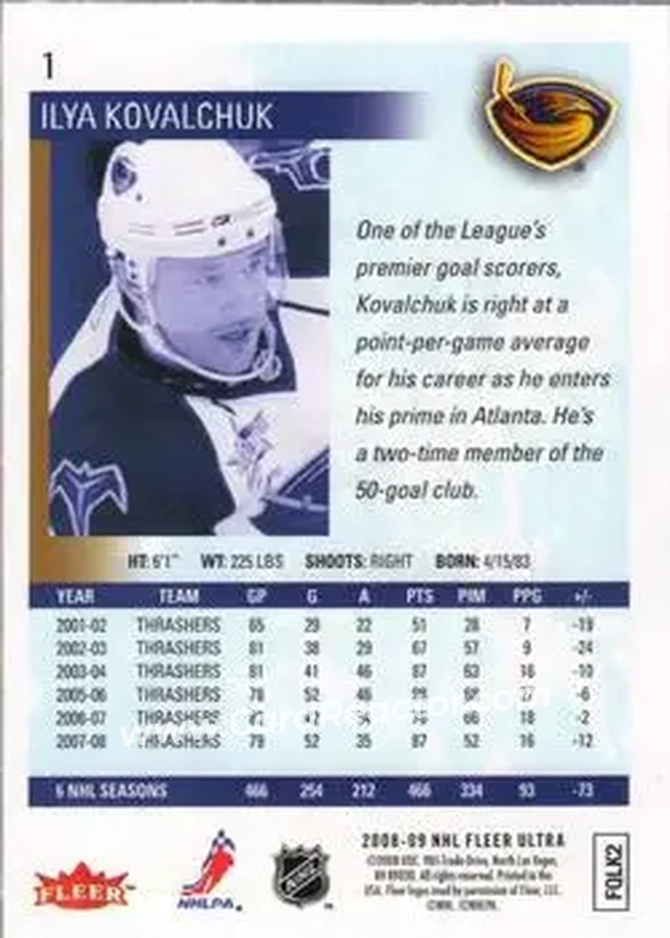 2008-09 Ultra #1 - Ilya Kovalchuk - Atlanta Thrashers - Back