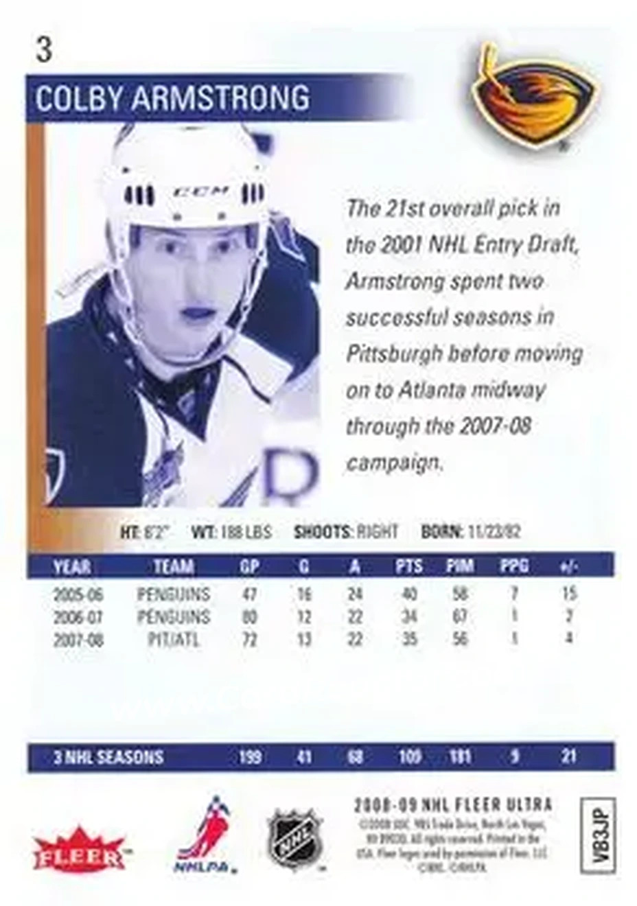 2008-09 Ultra #3 - Colby Armstrong - Atlanta Thrashers - Back