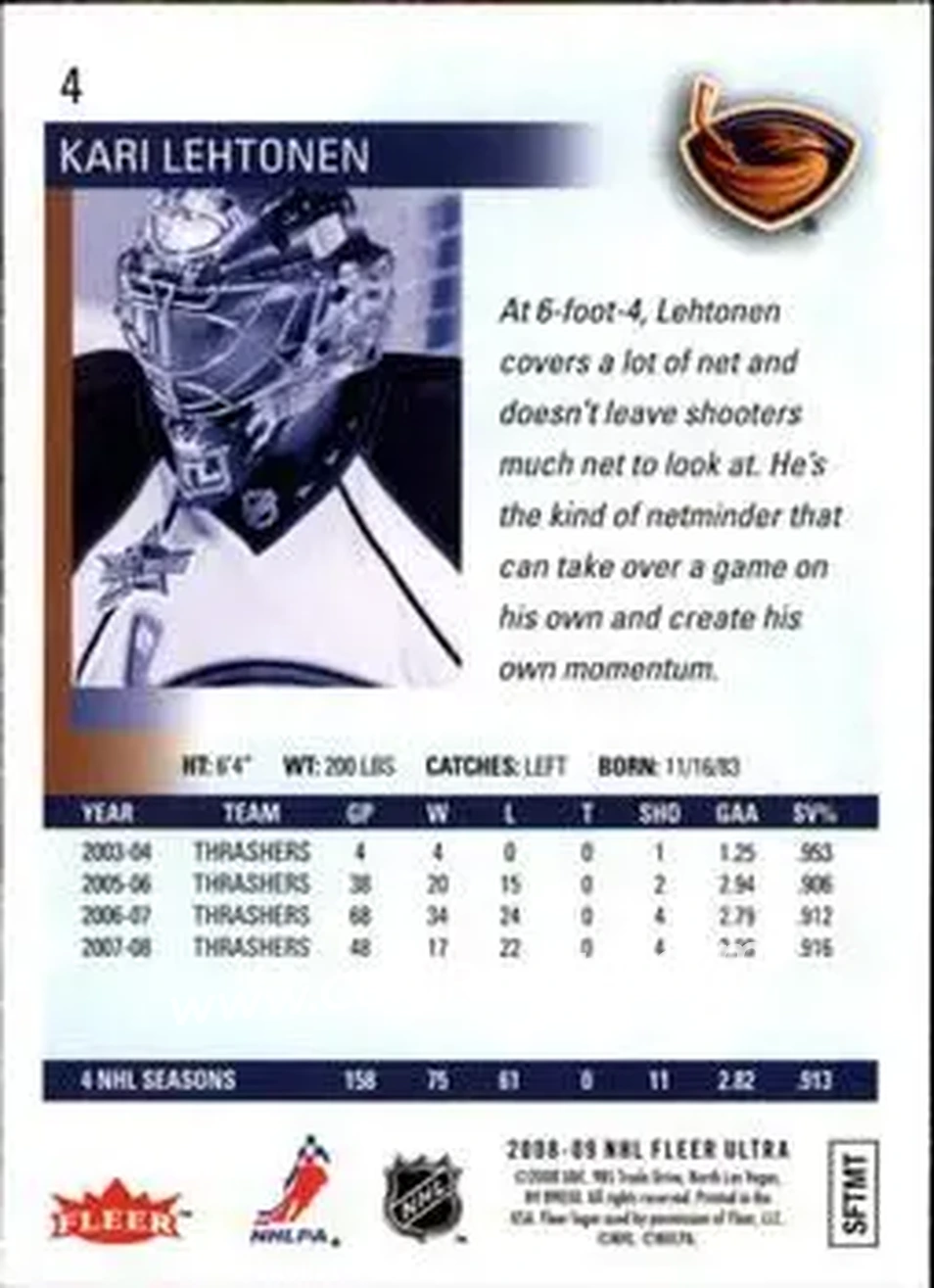 2008-09 Ultra #4 - Kari Lehtonen - Atlanta Thrashers - Back