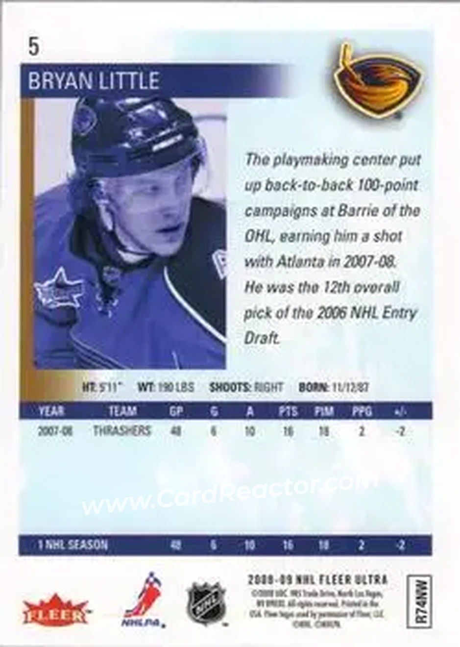 2008-09 Ultra #5 - Bryan Little - Atlanta Thrashers - Back