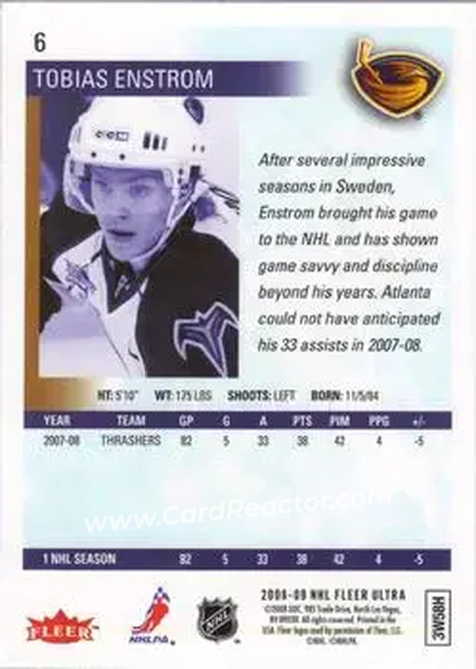 2008-09 Ultra #6 - Tobias Enstrom - Atlanta Thrashers - Back