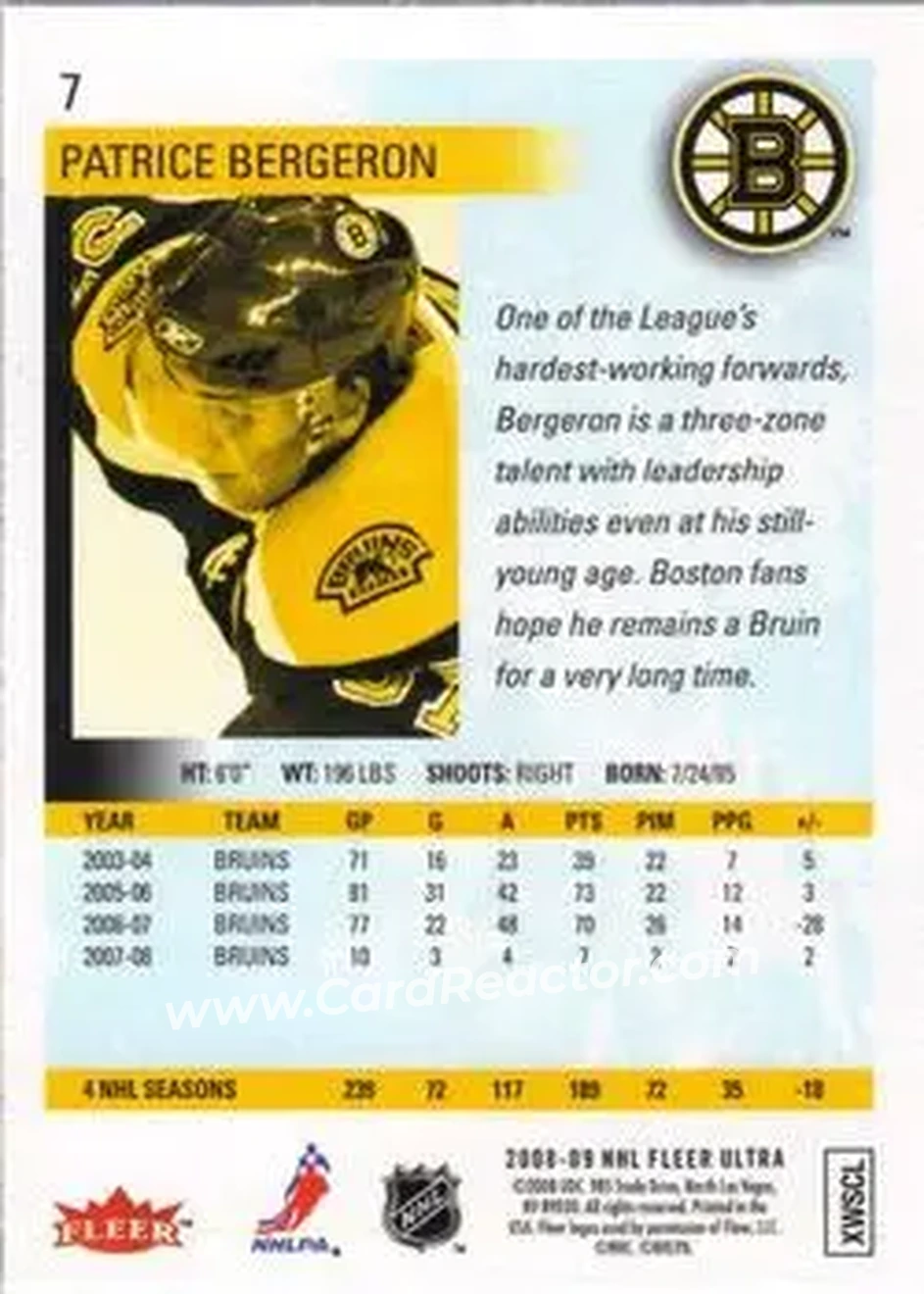 2008-09 Ultra #7 - Patrice Bergeron - Boston Bruins - Back