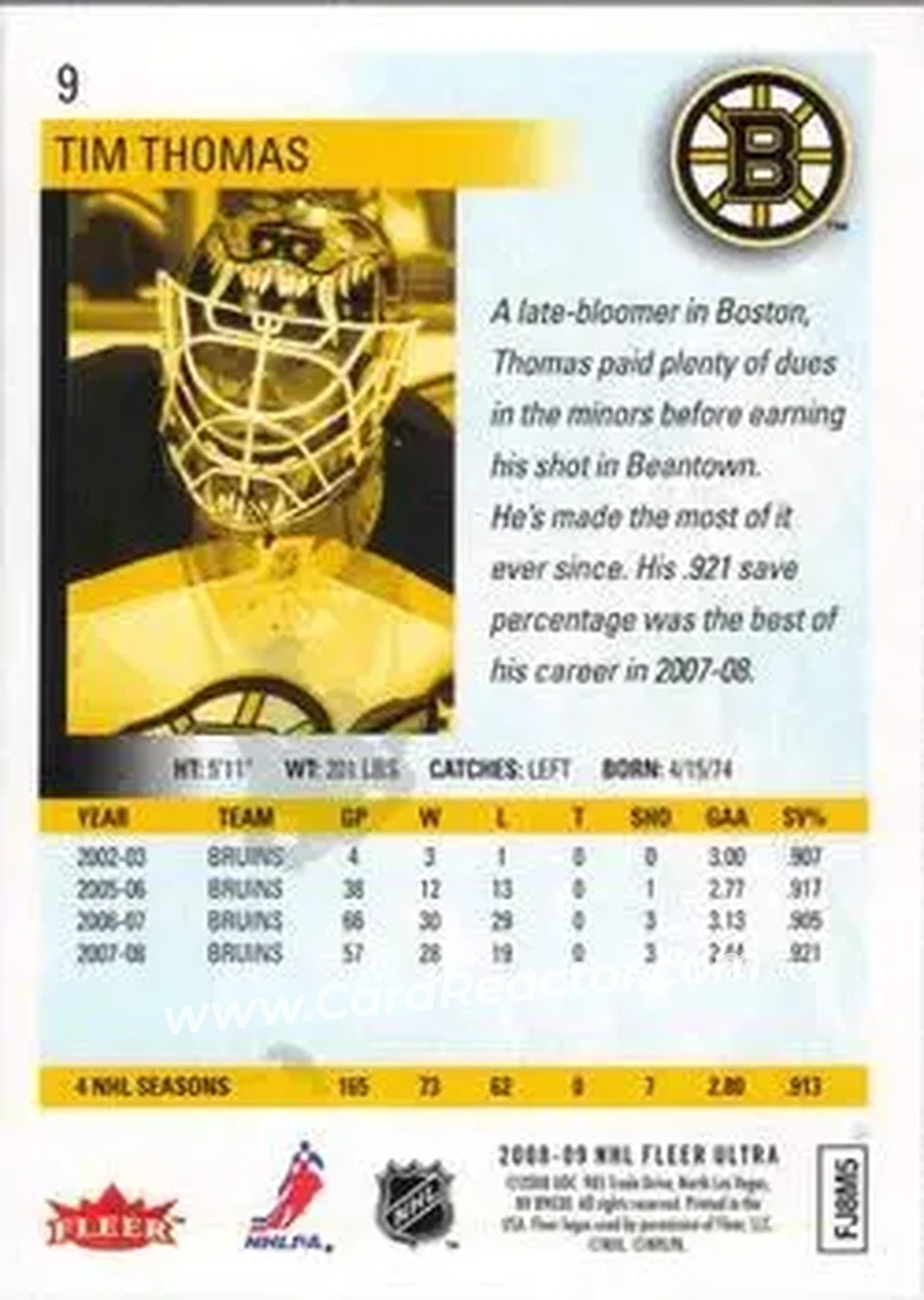 2008-09 Ultra #9 - Tim Thomas - Boston Bruins - Back
