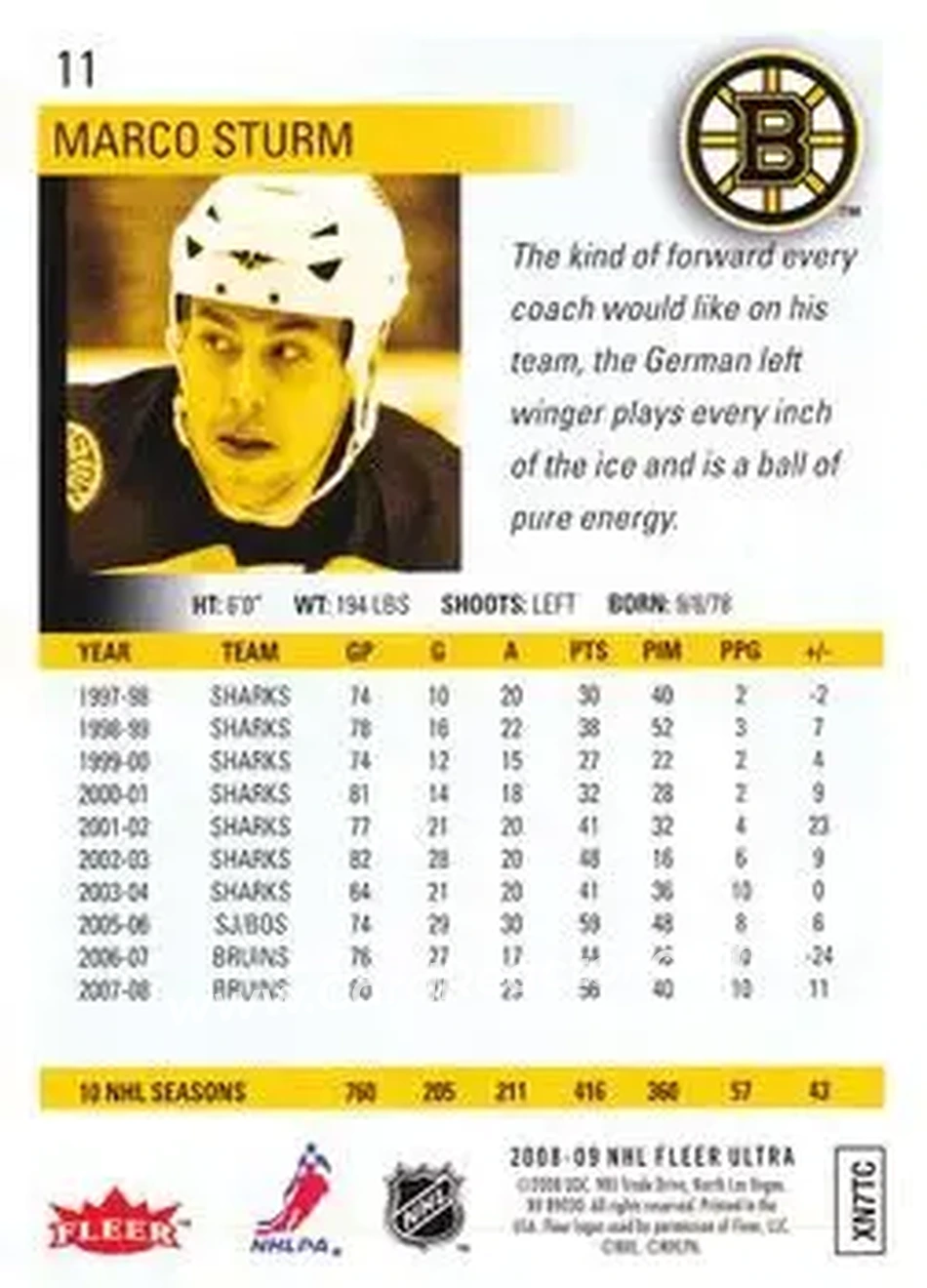 2008-09 Ultra #11 - Marco Sturm - Boston Bruins - Back