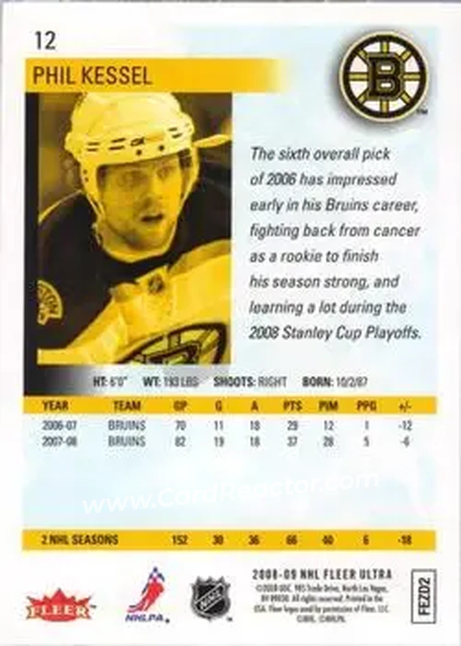2008-09 Ultra #12 - Phil Kessel - Boston Bruins - Back