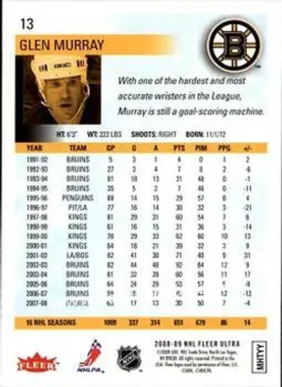 2008-09 Ultra #13 - Glen Murray - Boston Bruins - Back