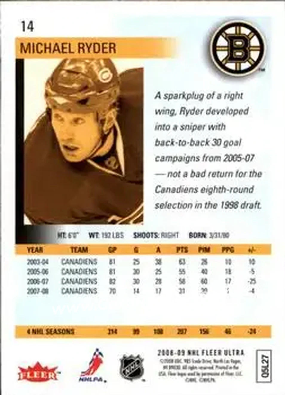 2008-09 Ultra #14 - Michael Ryder - Boston Bruins - Back
