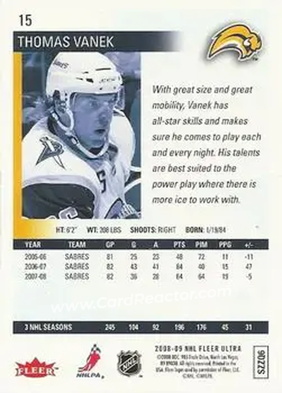 2008-09 Ultra #15 - Thomas Vanek - Buffalo Sabres - Back
