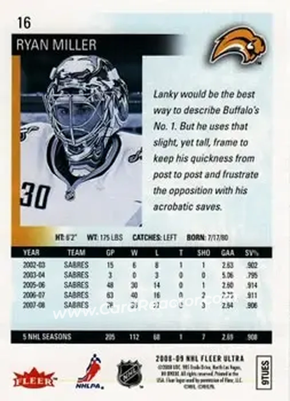 2008-09 Ultra #16 - Ryan Miller - Buffalo Sabres - Back