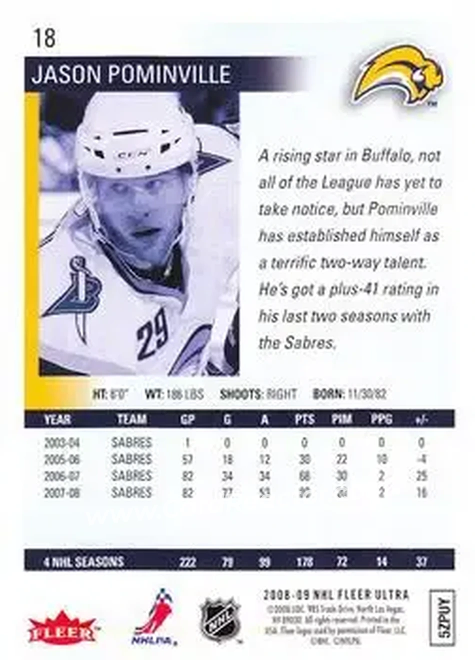 2008-09 Ultra #18 - Jason Pominville - Buffalo Sabres - Back