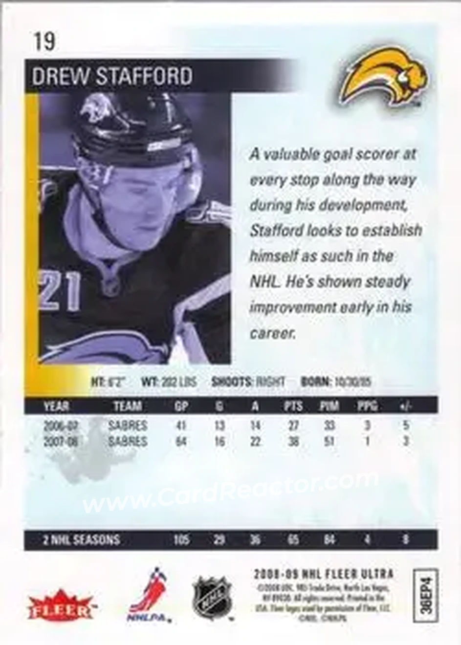 2008-09 Ultra #19 - Drew Stafford - Buffalo Sabres - Back