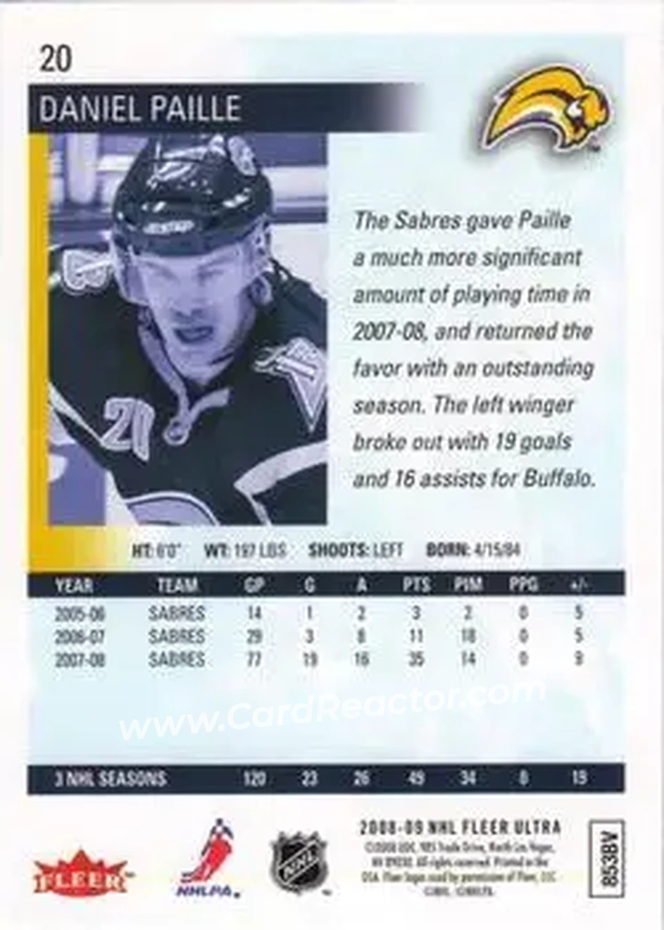 2008-09 Ultra #20 - Daniel Paille - Buffalo Sabres - Back