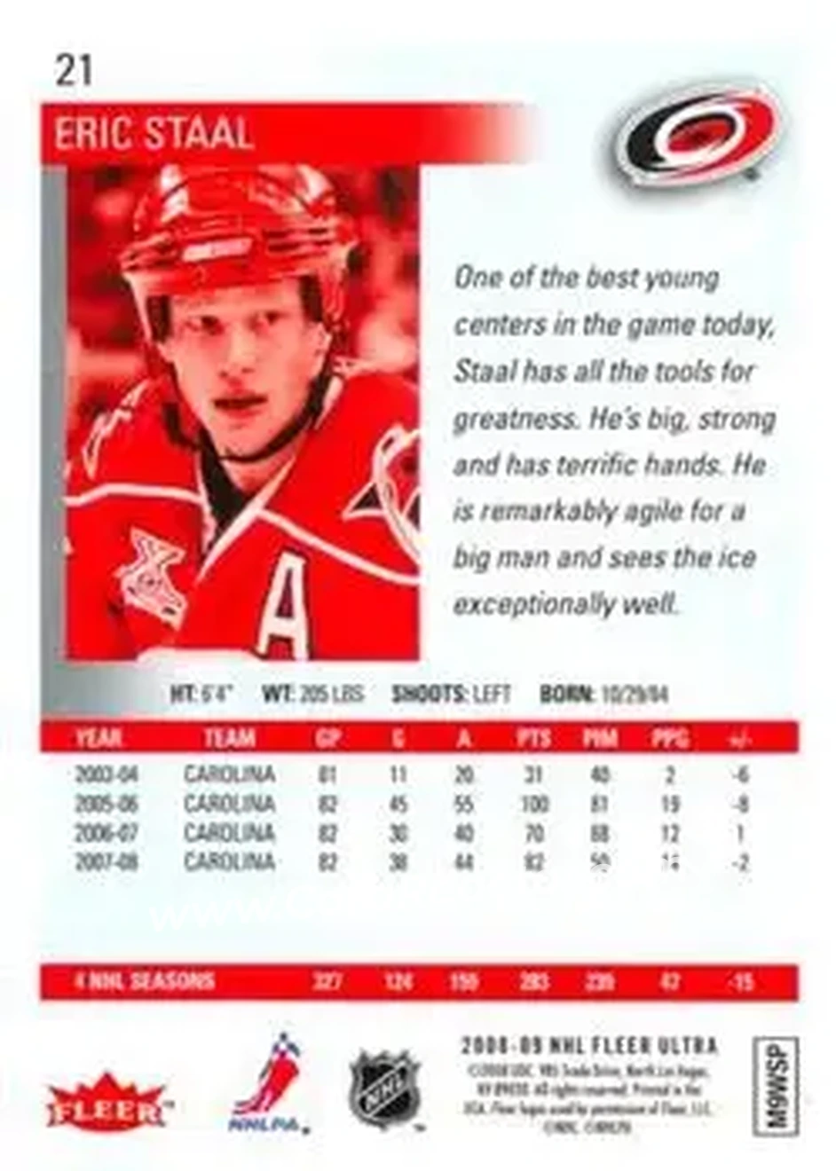 2008-09 Ultra #21 - Eric Staal - Carolina Hurricanes - Back