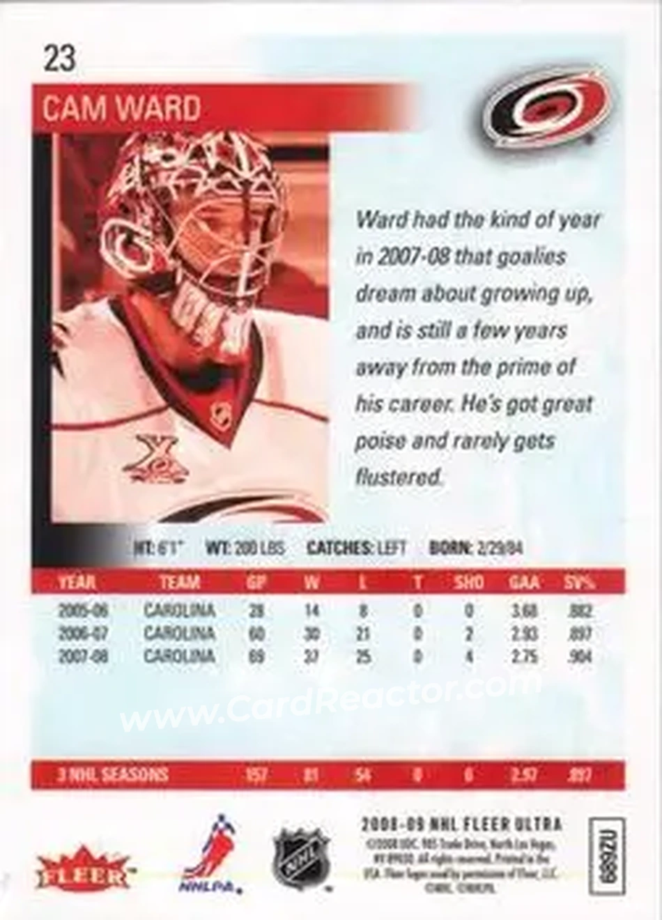 2008-09 Ultra #23 - Cam Ward - Carolina Hurricanes - Back