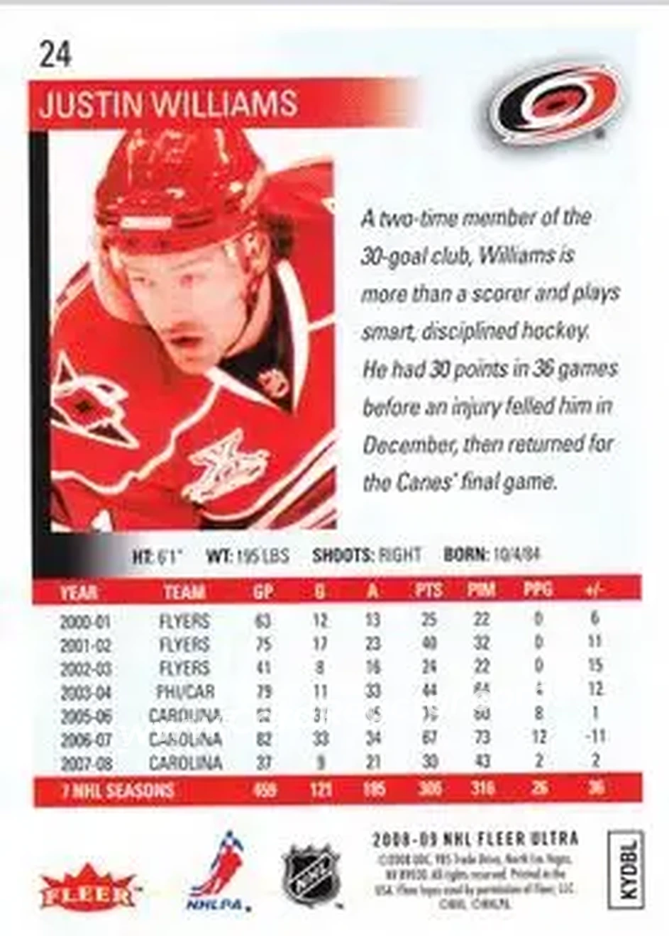 2008-09 Ultra #24 - Justin Williams - Carolina Hurricanes - Back