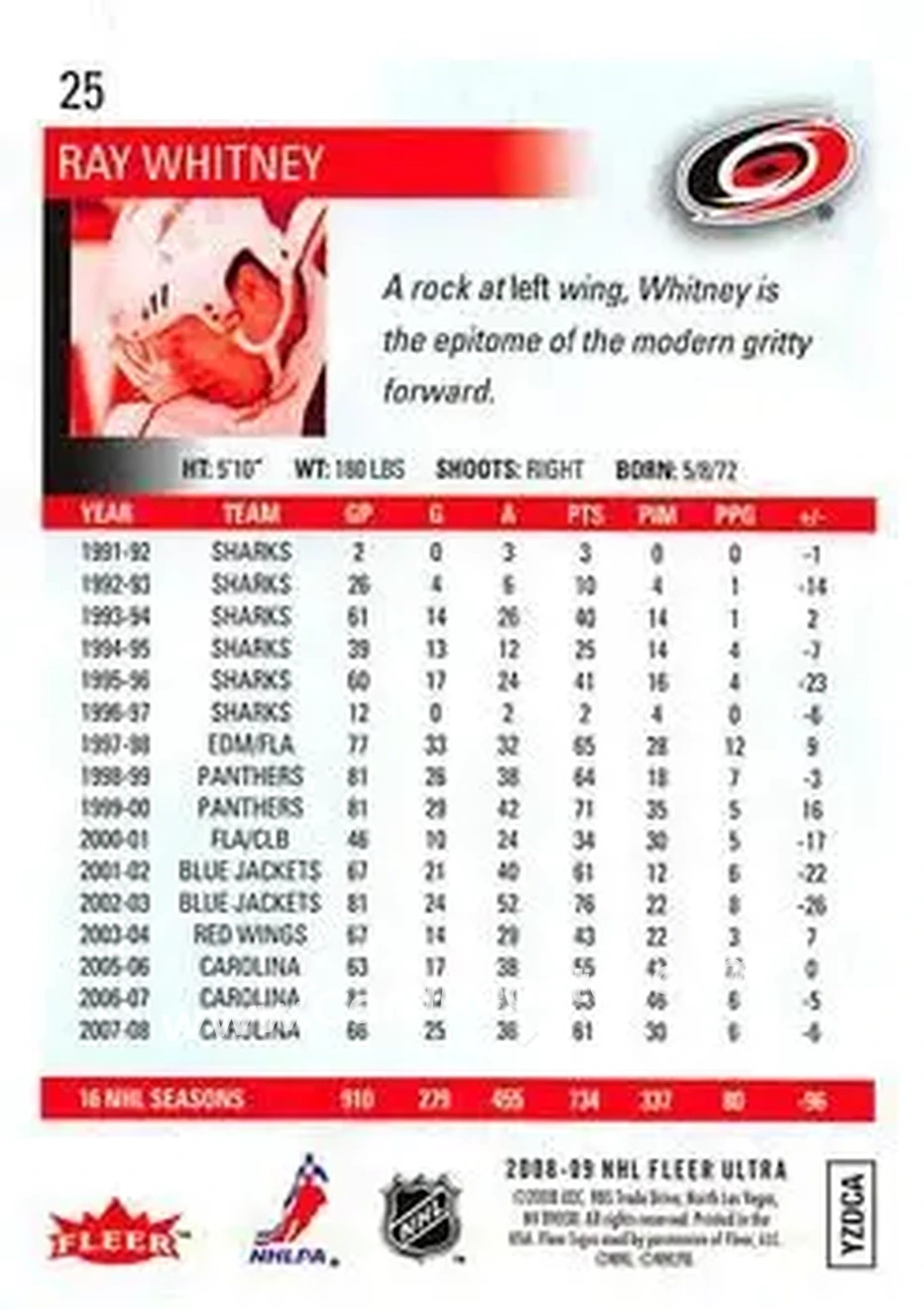 2008-09 Ultra #25 - Ray Whitney - Carolina Hurricanes - Back