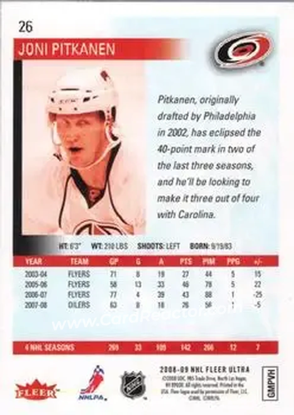 2008-09 Ultra #26 - Joni Pitkanen - Carolina Hurricanes - Back