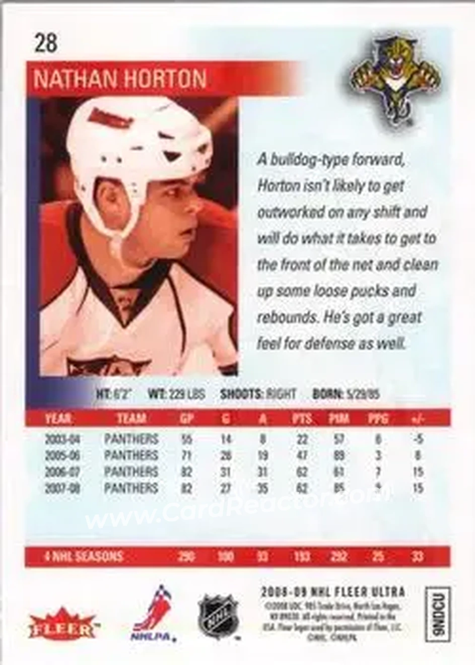 2008-09 Ultra #28 - Nathan Horton - Florida Panthers - Back