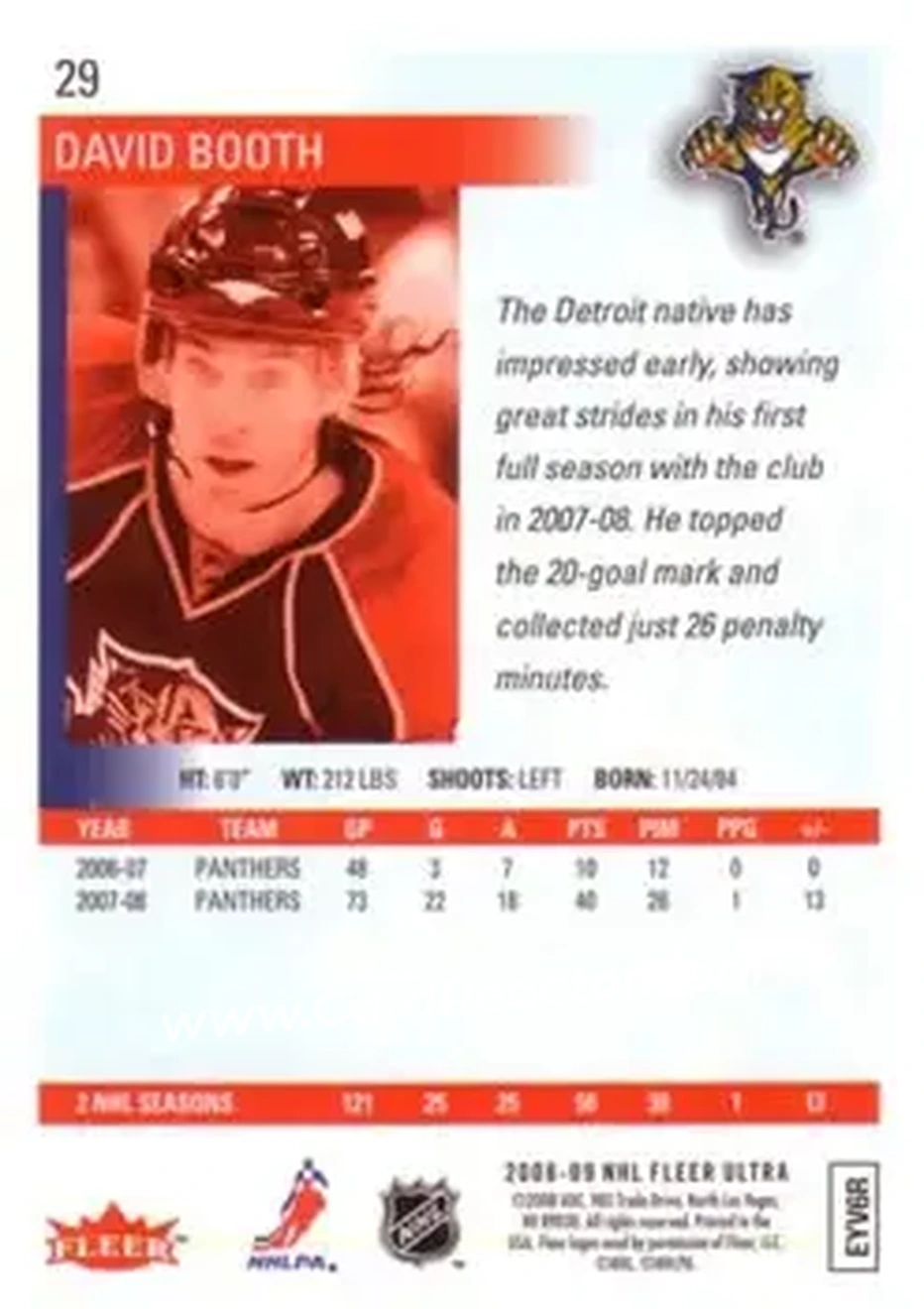 2008-09 Ultra #29 - David Booth - Florida Panthers - Back