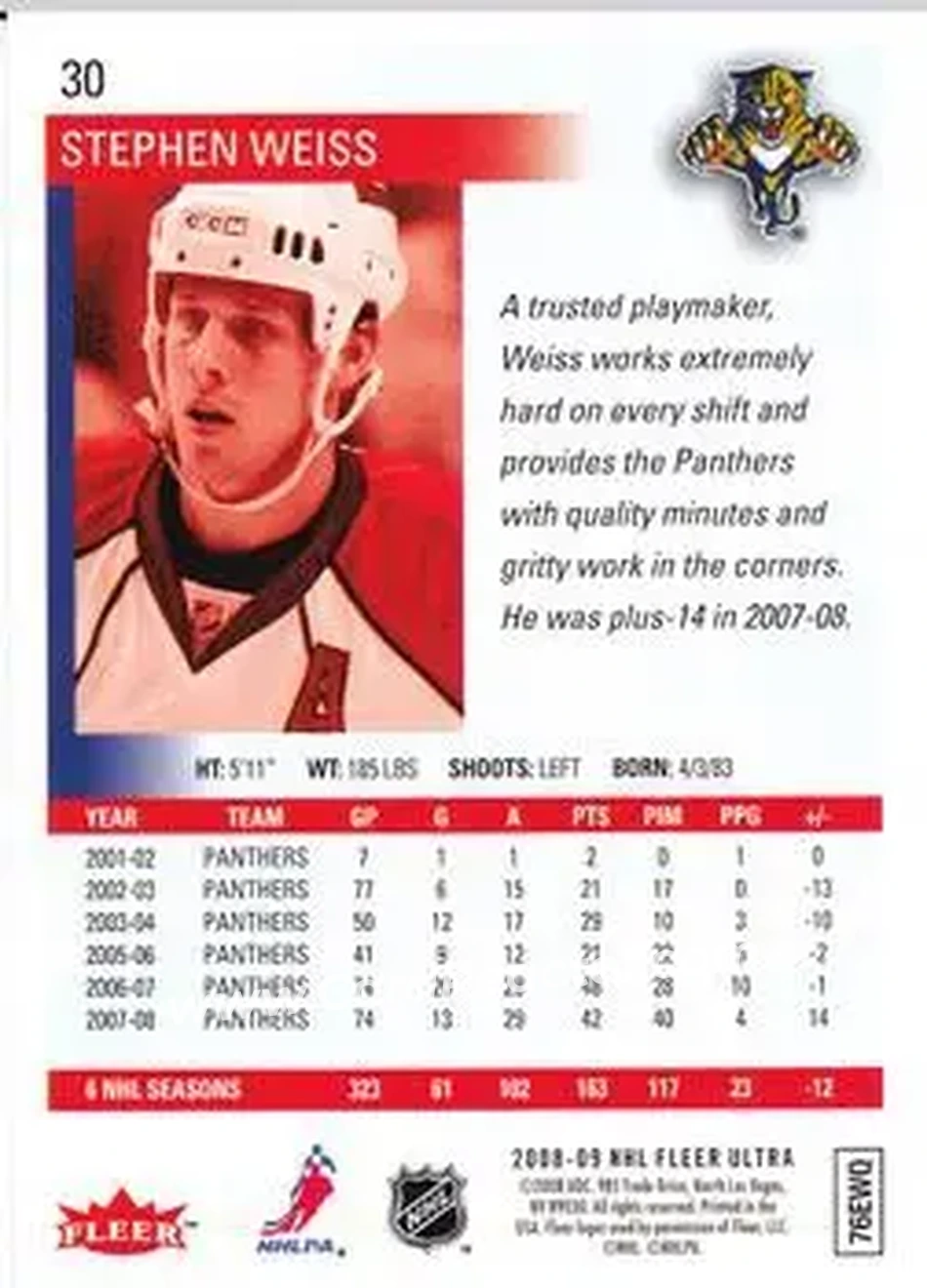 2008-09 Ultra #30 - Stephen Weiss - Florida Panthers - Back