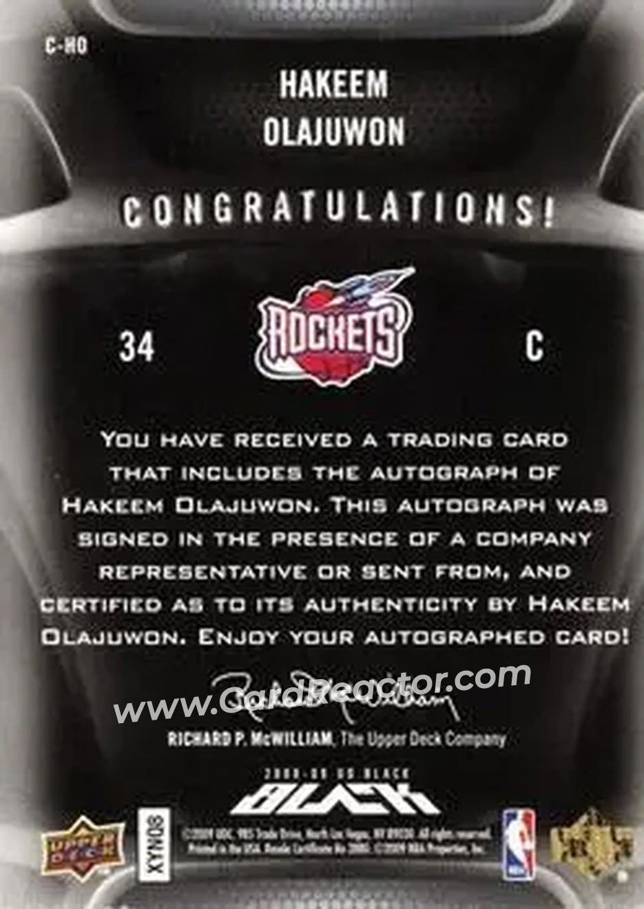 2008-09 UD Black - Commemorative Logo Autographs #C-HO - Hakeem Olajuwon - Houston Rockets - Back