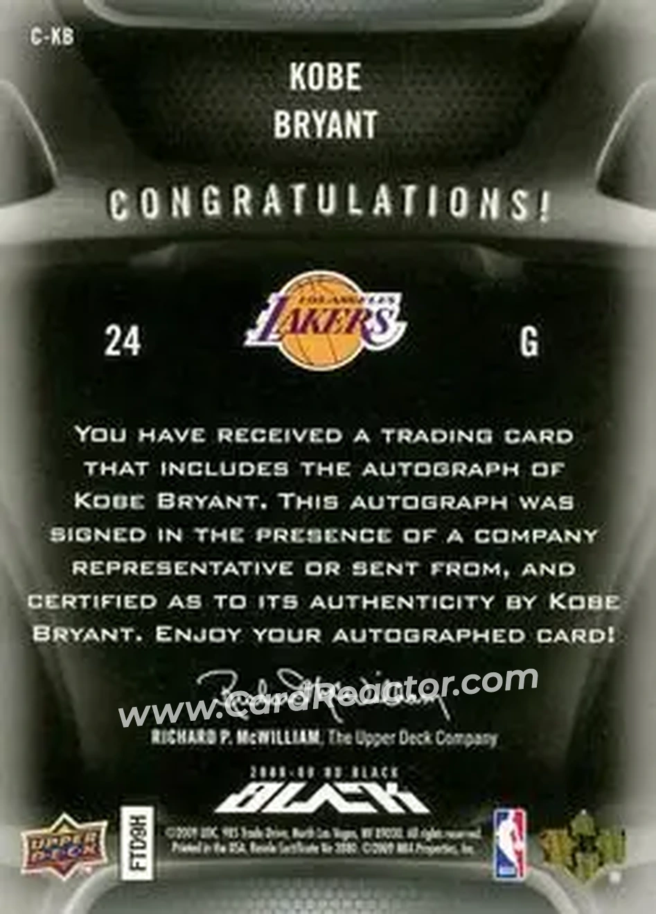 2008-09 UD Black - Commemorative Logo Autographs #C-KB - Kobe Bryant - Los Angeles Lakers - Back