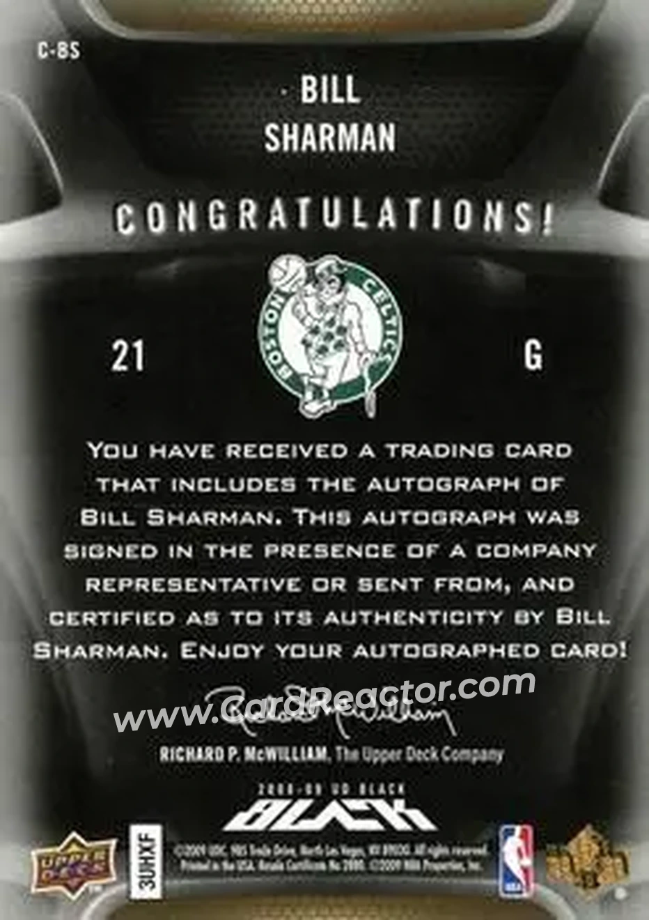 2008-09 UD Black - Commemorative Logo Autographs Gold #C-BS - Bill Sharman - Boston Celtics - Back