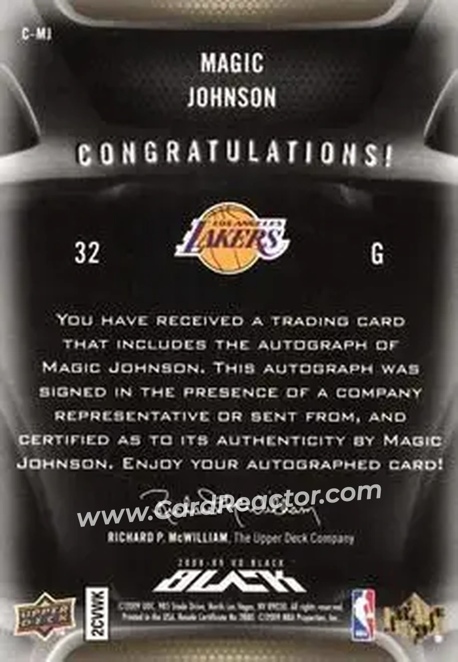 2008-09 UD Black - Commemorative Logo Autographs Gold #C-MJ - Magic Johnson - Los Angeles Lakers - Back 2008-09 UD Black - Commemorative Logo Autographs Gold #C-MJ - Magic Johnson - Los Angeles Lakers - Back