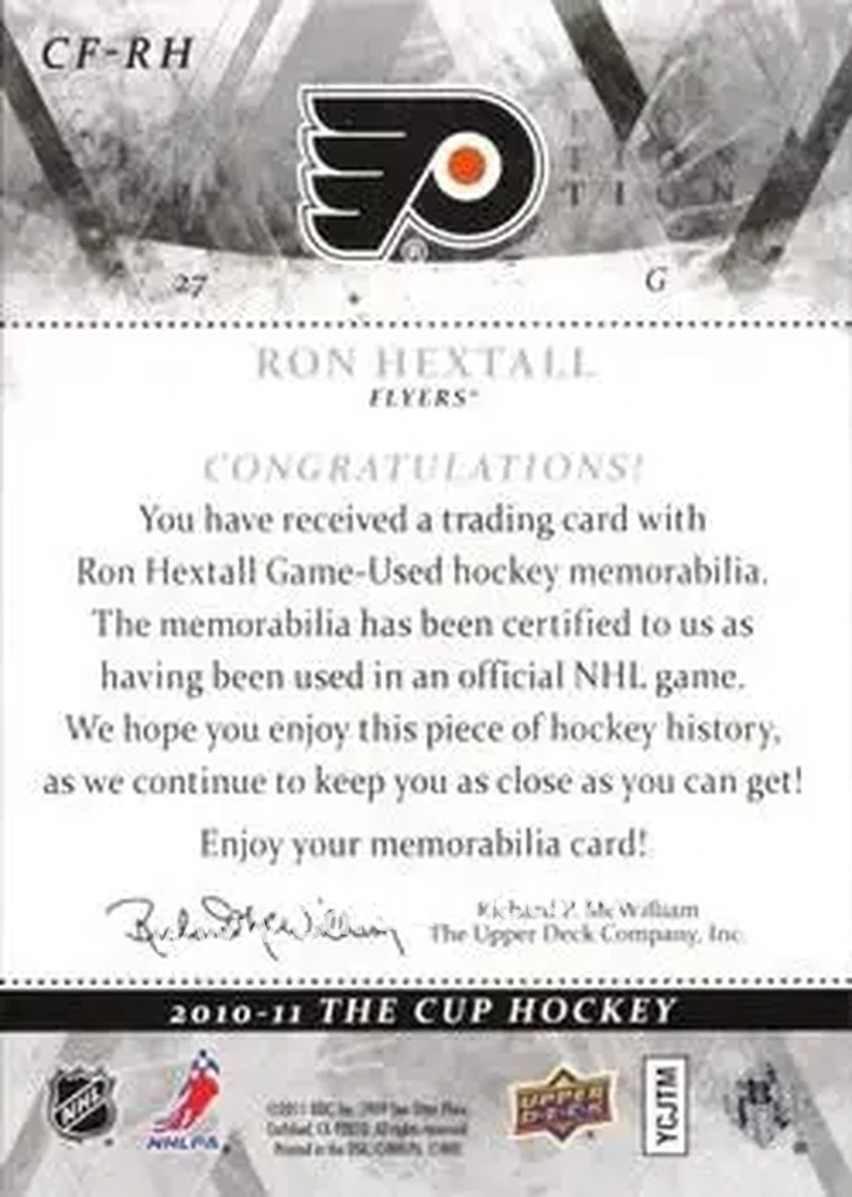 2010-11 Upper Deck The Cup - Foundations Patches #CF-RH - Ron Hextall - Philadelphia Flyers - Back