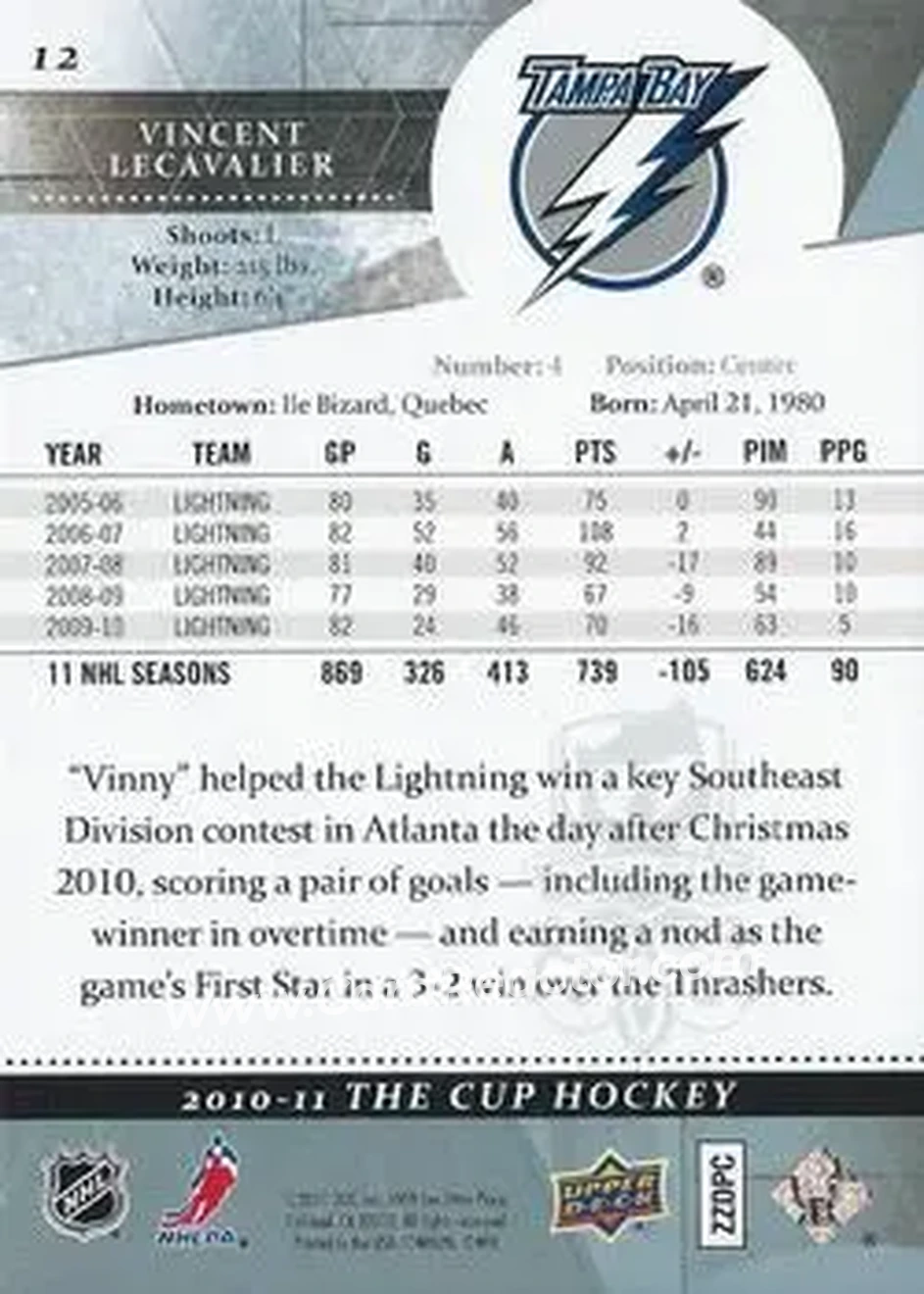 2010-11 Upper Deck The Cup - Gold #12 - Vincent Lecavalier - Tampa Bay Lightning - Back