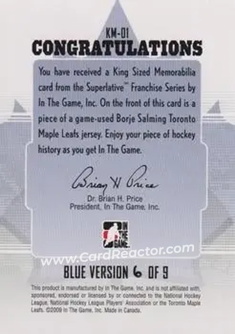 2008-09 In The Game Superlative Franchise - King-Sized Memorabilia #KM-01 - Borje Salming - Toronto Maple Leafs - Back