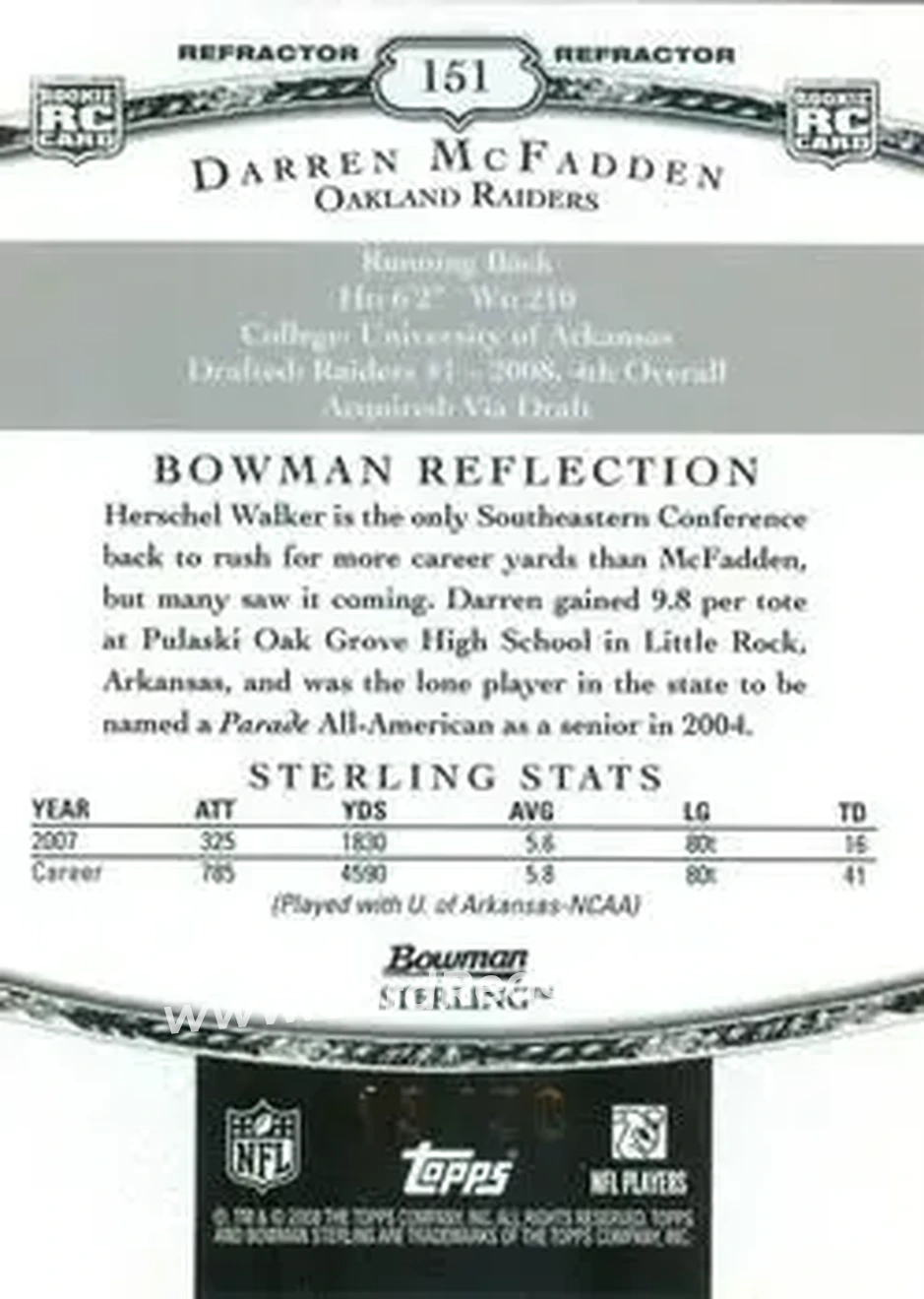 2008 Bowman Sterling - Black Refractors #151b - Darren McFadden - Oakland Raiders - Back