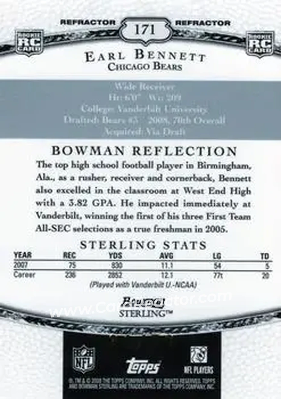 2008 Bowman Sterling - Black Refractors #171 - Earl Bennett - Chicago Bears - Back 2008 Bowman Sterling - Black Refractors #171 - Earl Bennett - Chicago Bears - Back
