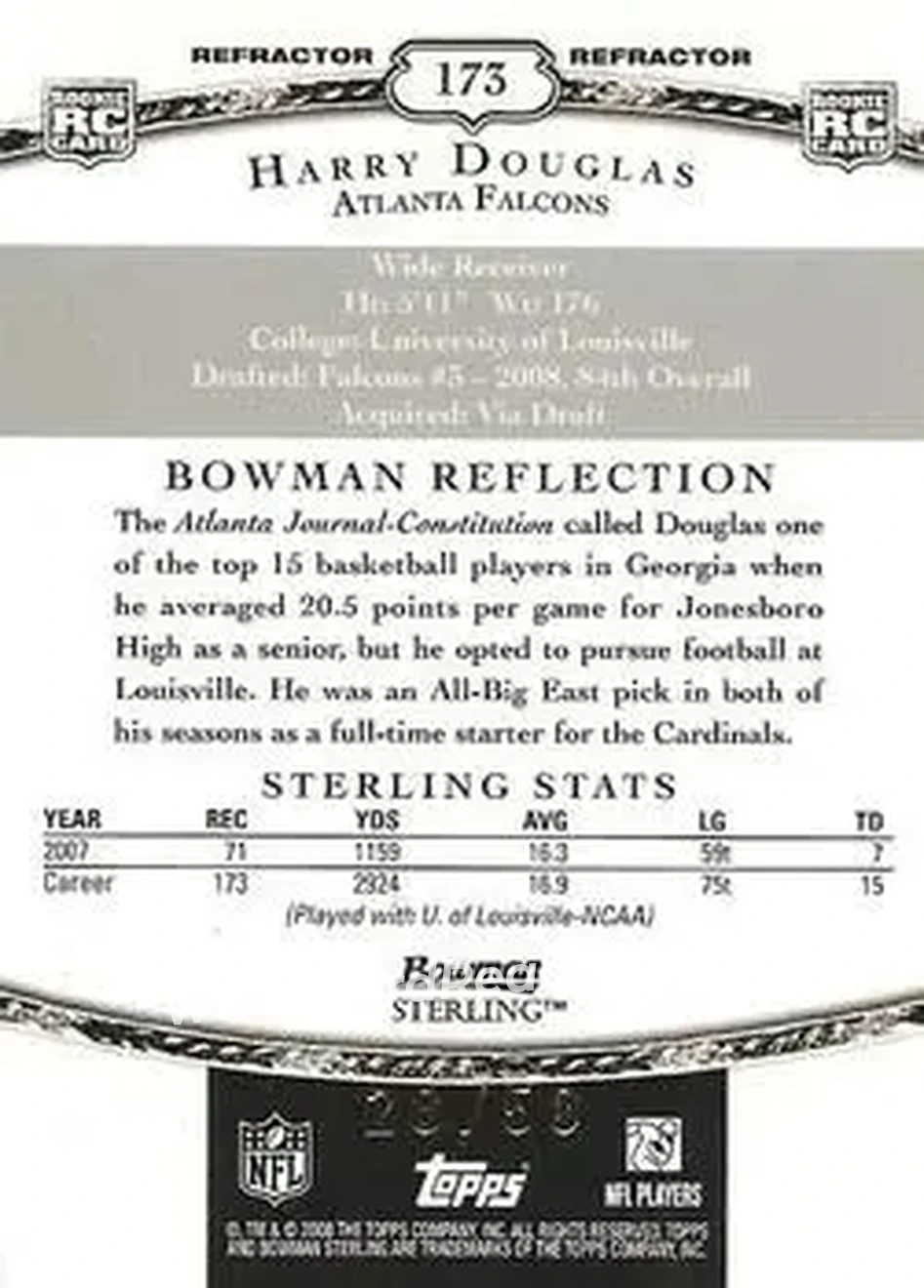 2008 Bowman Sterling - Black Refractors #173 - Harry Douglas - Atlanta Falcons - Back 2008 Bowman Sterling - Black Refractors #173 - Harry Douglas - Atlanta Falcons - Back