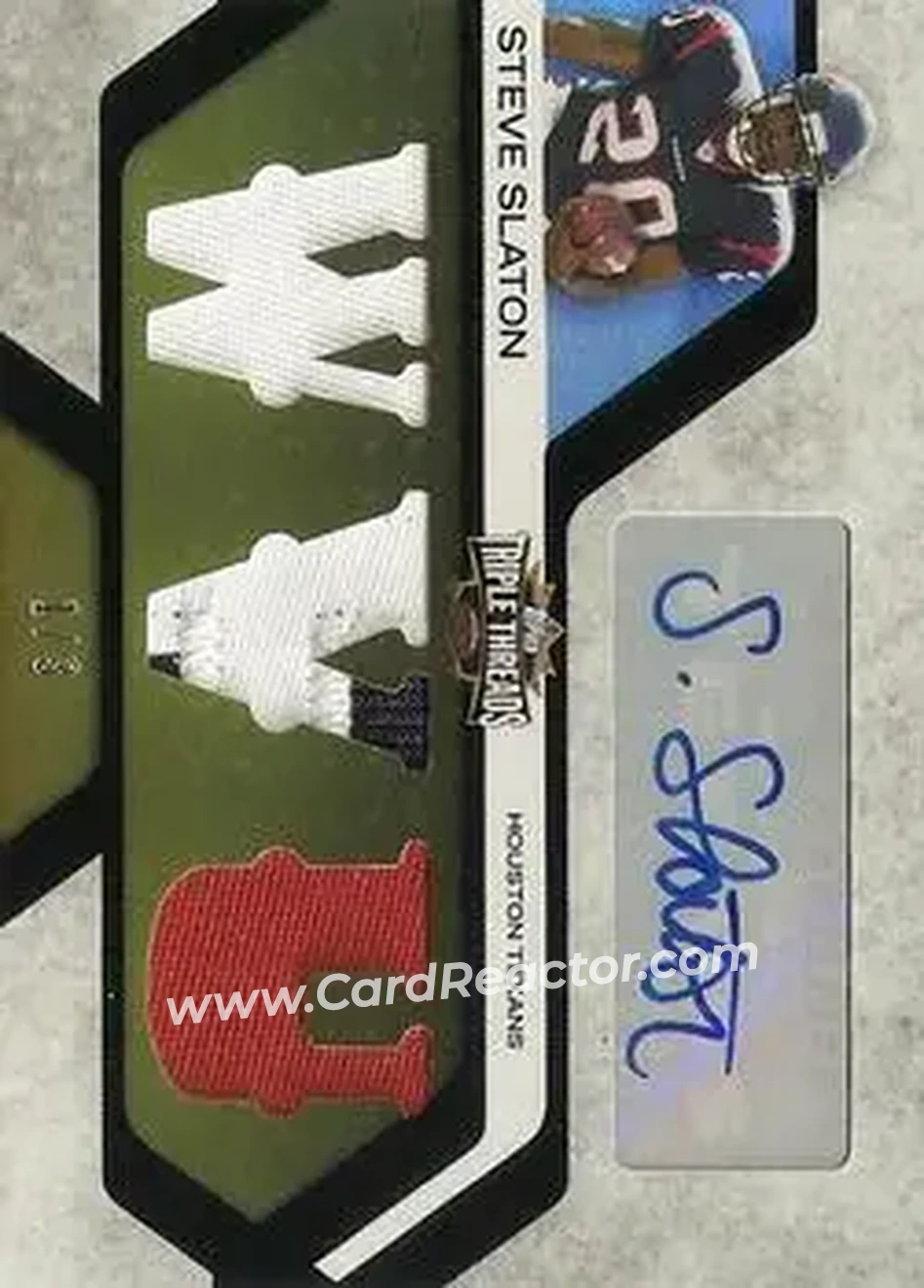 2008 Topps Triple Threads - Autographed Relic Gold #TTRA-65 - Steve Slaton - Houston Texans - Front 2008 Topps Triple Threads - Autographed Relic Gold #TTRA-65 - Steve Slaton - Houston Texans - Front