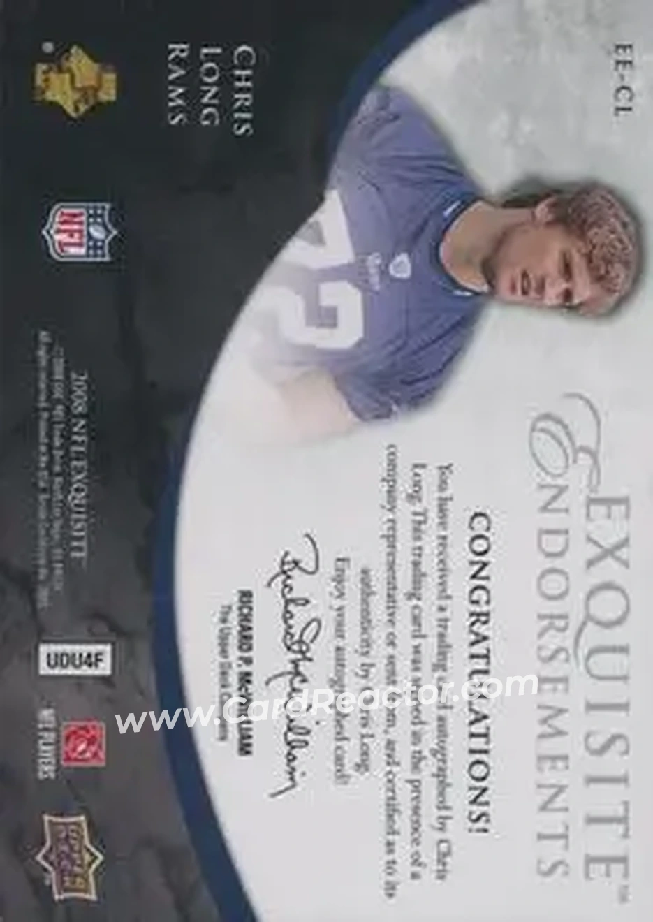 2008 Upper Deck Exquisite Collection - Endorsements #EE-CL - Chris Long - St. Louis Rams - Back